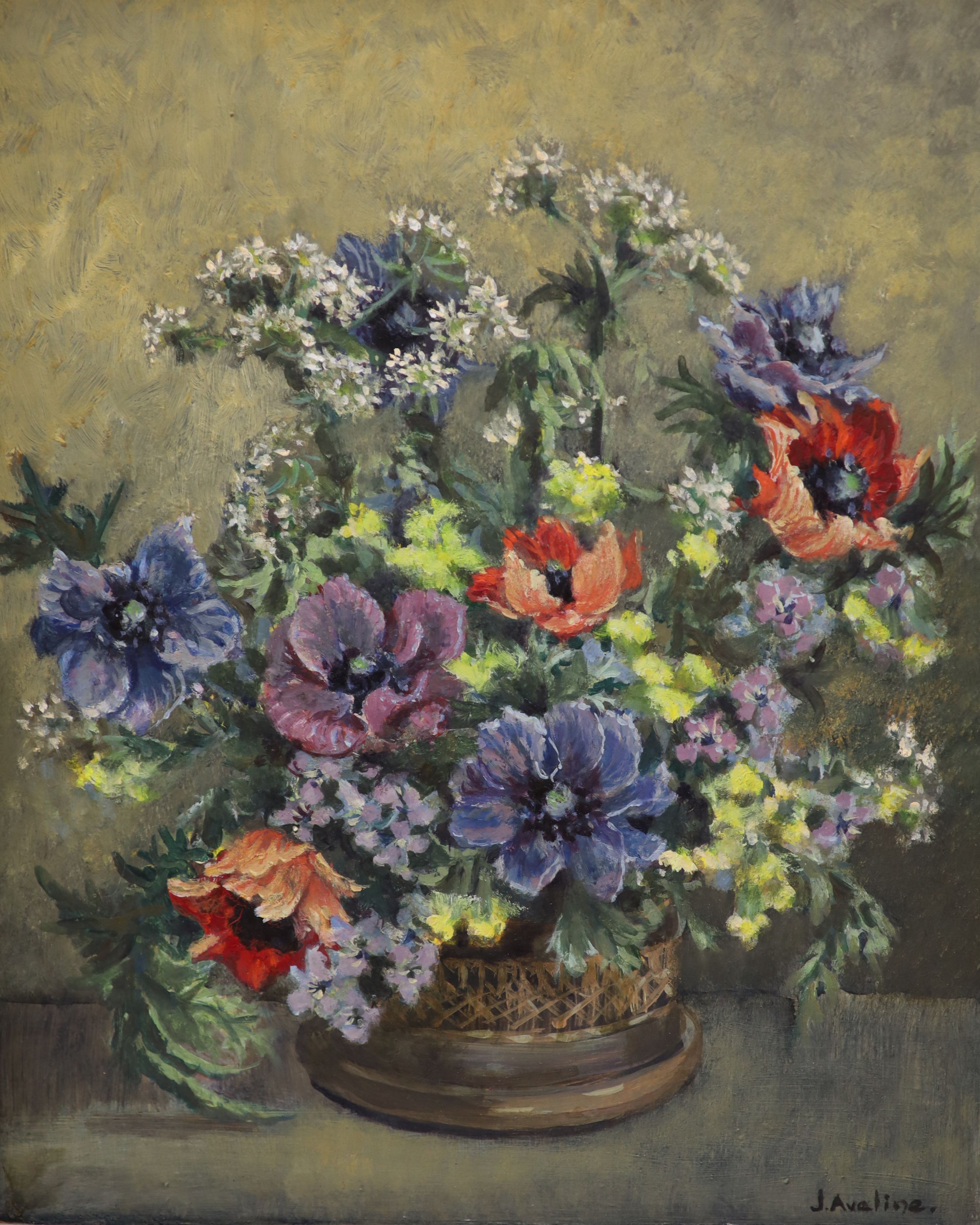 Josephine Aveline (20th century), two oils on board, Still lifes of flowers in vases, signed, largest 34 x 27cm, 34cm x 27cm